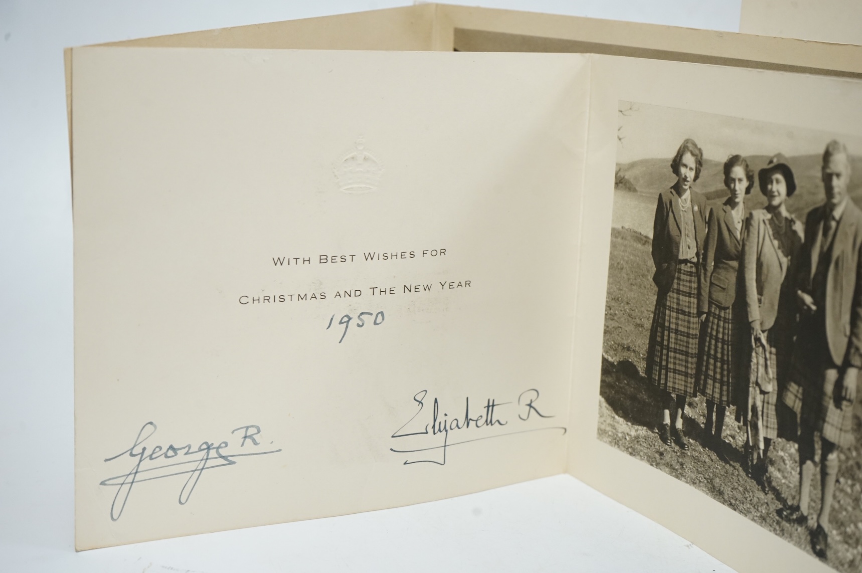 Three Royal Christmas cards from HM King George VI and Queen Elizabeth for 1948, 1949 and 1950, published by Raphael Tuck and Sons Ltd. with gilt embossed crowns on the front, inside; ‘with best wishes for Christmas and